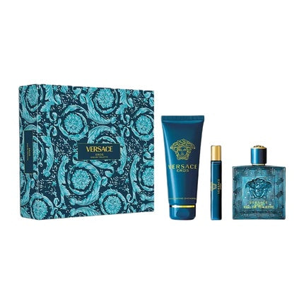 Set Cadou Parfum Versace Eros, Edt Spray 100ml + 10ml, Gel de Duș 150ml, Albastru