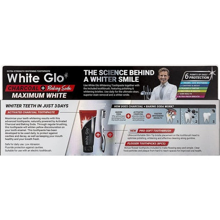 Pastă dinți White Glo Maximum White, cărbune, bicarbonat, 150g