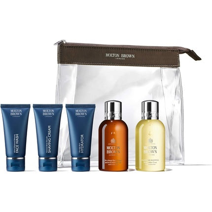 Set Cadou Molton Brown The Refreshed Adventurer, Trusă de Toalete Transparentă cu Detaliu din Piele Maro