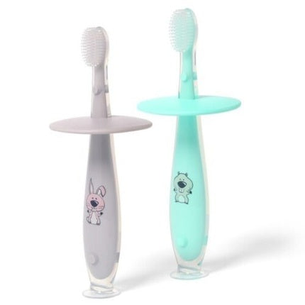 Periuțe Dentare BabyOno pentru Copii, 12+ (Gri cu Iepuraș, Verde Menta cu Ursuleț)