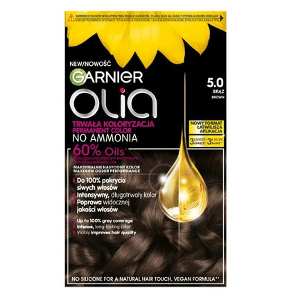 Vopsea de păr Garnier Olia 50 Marron, 60% uleiuri, ambalaj cu dozator