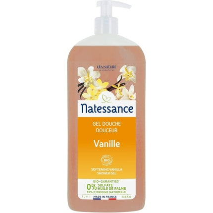 Gel de duș organic cu vanilie Natessance, ambalaj cu pompă, culoare crem