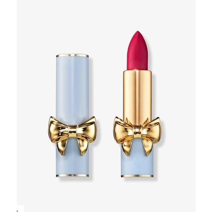 Ruj Pat McGrath Labs SatinAllure Lipstick Fleur Fatale, roz catifeu, ambalaj albastru pastel cu fundă aurie