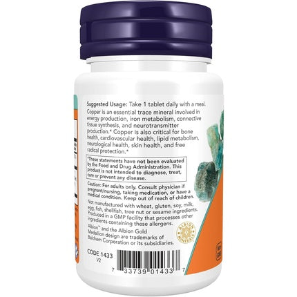 Supliment Mineral, Now Foods, Copper Glycinate Albion, 3mg, 120 Tablete