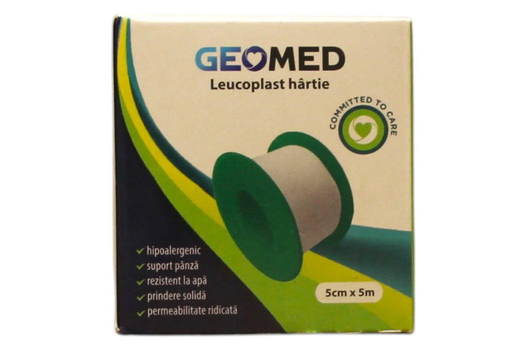 Bandă adezivă medicală Geomed Leukoplast, din hârtie, hipoalergenică, 5 cm x 5 m