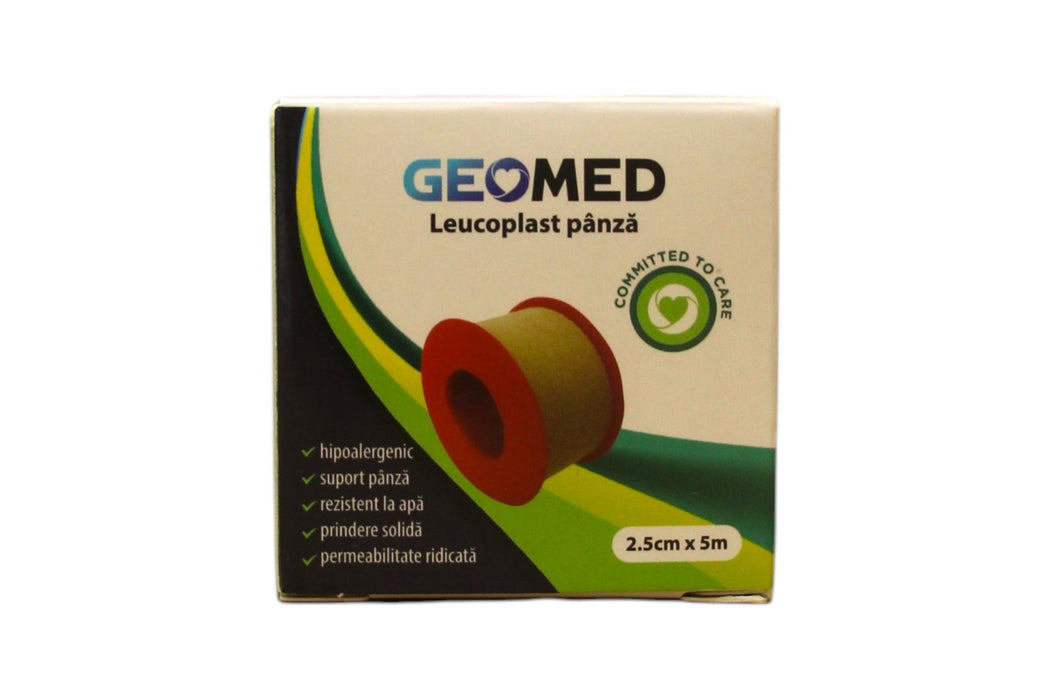 Bandă adezivă textilă Geomed Leukoplast, suport din pânză, rezistentă la apă, 2,5 cm x 5 m