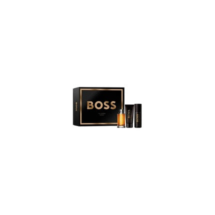 Set Parfum Hugo Boss The Scent, 100 ml + 50 ml, cutie neagră cu accente aurii