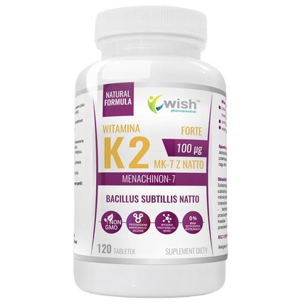 Wish Pharmaceutical Vitamin K2 MK-7, Supliment alimentar, 100 mcg, 120 Tablete, Alb