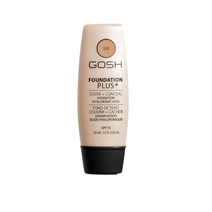Fond de ten lichid Gosh Foundation Plus+, hidratant, nuanța 008 Auriu, SPF 15, 30 ml