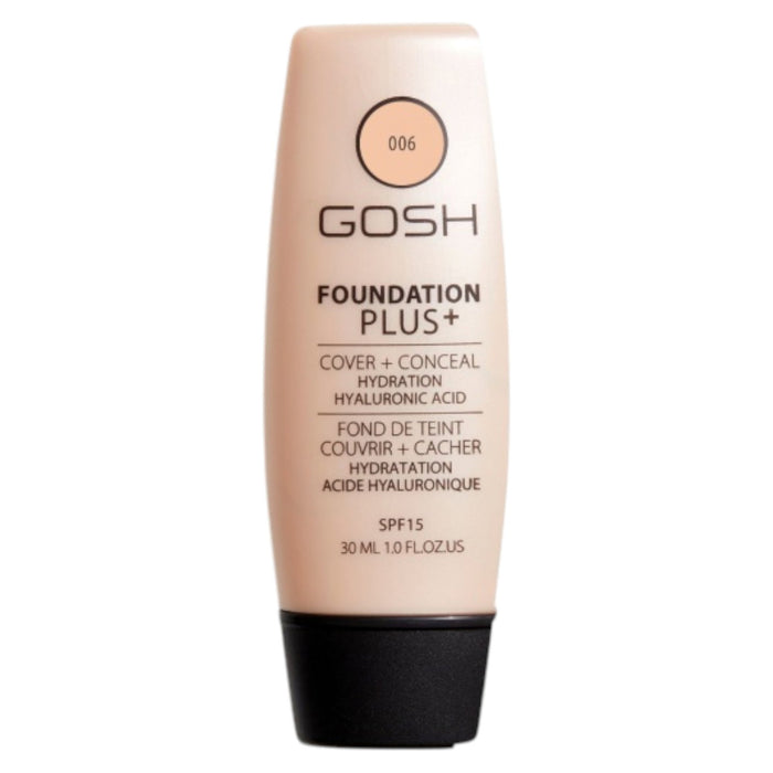 Fond de ten lichid și corector 2-în-1 Gosh Foundation Plus+, nuanța 006 Miere, hidratant, SPF 15, 30 ml, tester