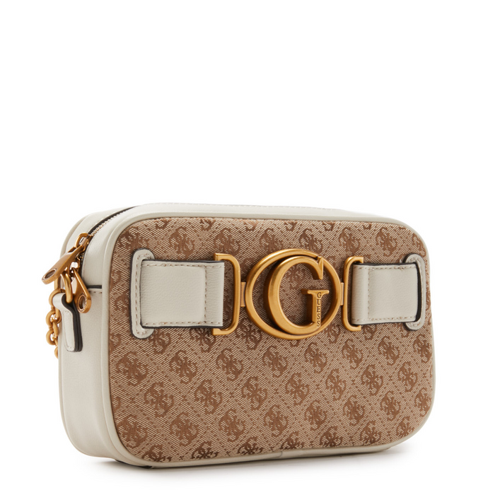 Geantă crossbody Guess Aviana, imprimeu monogram, detalii aurii, bej