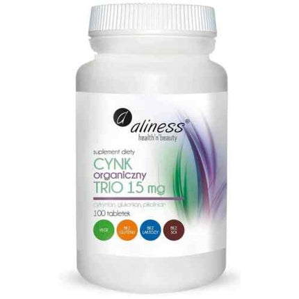 Supliment mineral Aliness Organic Zinc Trio 15mg, 100 tablete