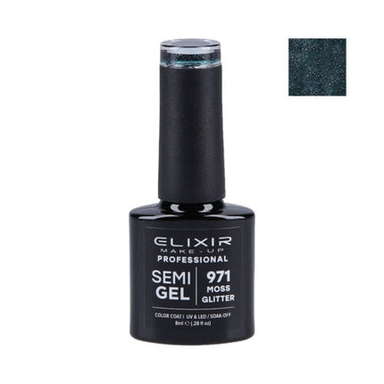 Lac de unghii, Elixir, Semi Gel 971, verde cu sclipici, 8ml
