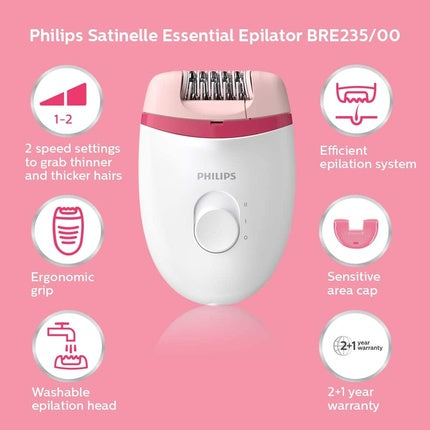 Epilator Philips Satinelle Essential Compact Bre2350, Alb cu roz