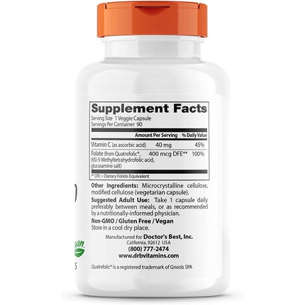 Supliment alimentar cu acid folic, Doctor's Best, Fully Active Folate 400mcg, 90 capsule veggie
