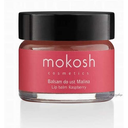 Balsam de buze MOKOSH cu zmeură, 15ml, cutie din sticlă cu capac negru
