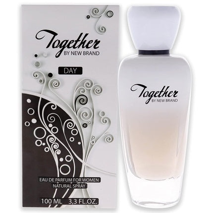 New Brand Together Day, parfum femei EDP spray, sticlă albă translucidă, capac albastru închis