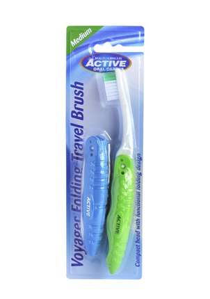 Perie de dinți Active Oral Care Voyager Folding Travel Brush Medium, 2 bucăți, verde și albastru