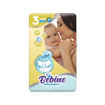 Pachet scutece BEBINO, Midi, No3, 4-9 kg, 38 bucăți