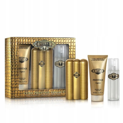 Set Cadou Parfum Bărbați Cuba Prestige Legacy, 90ml EDT, Gel de Duș, After Shave, Culoare Aurie