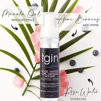 Tgin Rose Water Defining Mousse, Thank God It's Natural, pentru bucle naturale și valuri, cu apă de trandafir, 239 g