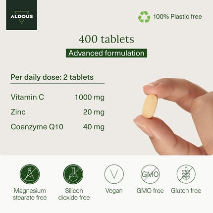 Vitamine C 1000mg cu Zinc și Q10, Aldous Labs, 400 Pastile, Vegan, 6 Luni, Ambalaj Verde