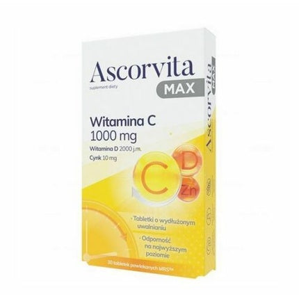 Supliment alimentar Ascorvita Max - Vitamina C 1000mg, Vitamina D, Zinc, 30 tablete