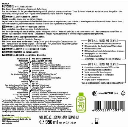 Gel de duș Sante Naturkosmetik Bio Coconut & Vanilla Family Size cu pompă dozatoare, 950ml