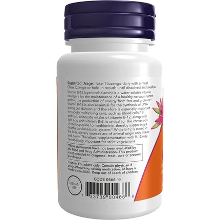 Lozenguri Vitamina B-12, NOW Foods, 1000 mcg, cu Acid Folic, 100 buc