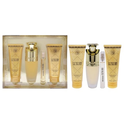 Set Cadou Parfum Lux, New Brand, 4 piese, EDP Spray 100ml + Gel de Duș 125ml, Auriu