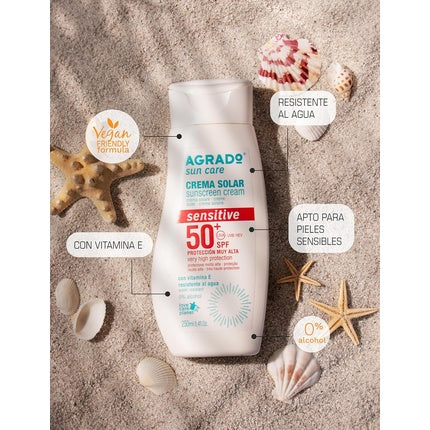 Cremă solară, Agrado, Sensitive SPF 50+, rezistentă la apă, 250ml