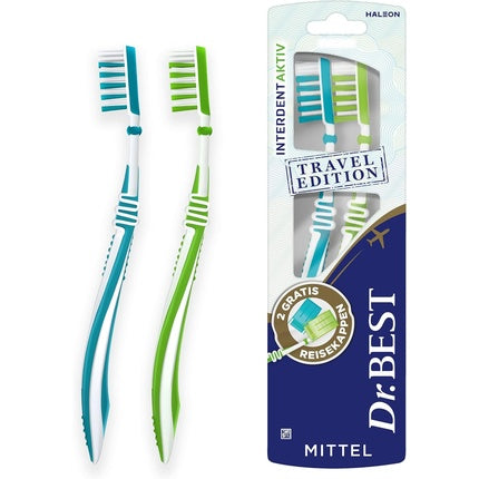 Periuță Interdentară Dr.BEST, Model Aktiv Travel Edition, Set de 2 buc., Culoare Verde și Albastru, Mărime Medium