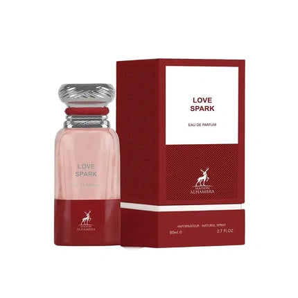 Maison Alhambra Love Spark, Parfum unisex, sticlă cu gradient roz-roșu, capac argintiu texturat, 80ml