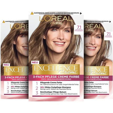 Vopsea de păr permanentă L'Oréal Paris Excellence Cream, 7.1 Blond Cenușiu Mediu, 268g