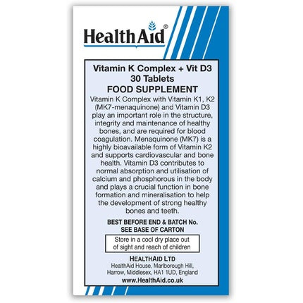 Vitamine Complex K + D3, HealthAid, 30 Tablete, Menaquinon MK7