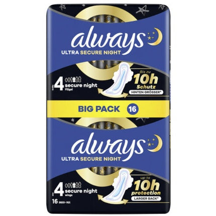 Protecție intimă, Always Ultra Secure Night, Mărimea 4 (XL), Pachet mare de 16 buc