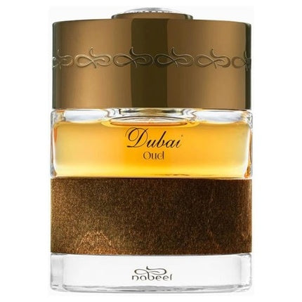 Parfum Extrait The Spirit Of Dubai Oud 50ml, sticlă cu lichid auriu și capac aur