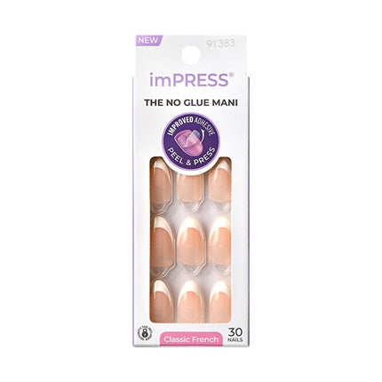 Unghii false Kiss imPRESS, 30 de unghii autoadezive, French nude cu vârf alb