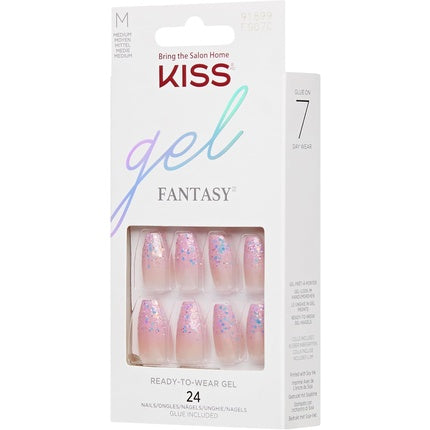 Kiss Gel Fantasy Medium Nails, unisex, culoare roz cu glitter, set 28 bucăți