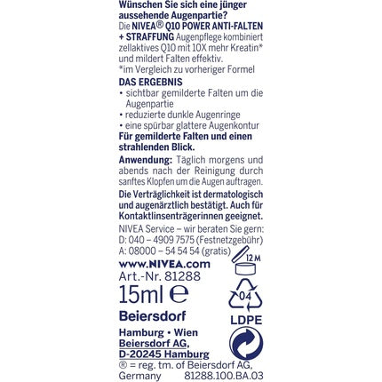 Cremă pentru ochi Nivea Q10 Power Anti-îmbătrânire, Alb, 15ml