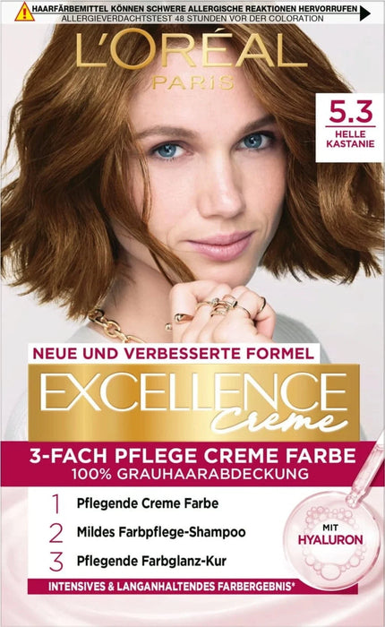 Vopsea permanentă de păr L'Oreal Paris Excellence Crème, nuanța 5.3 Light Chestnut, 200 g, tester