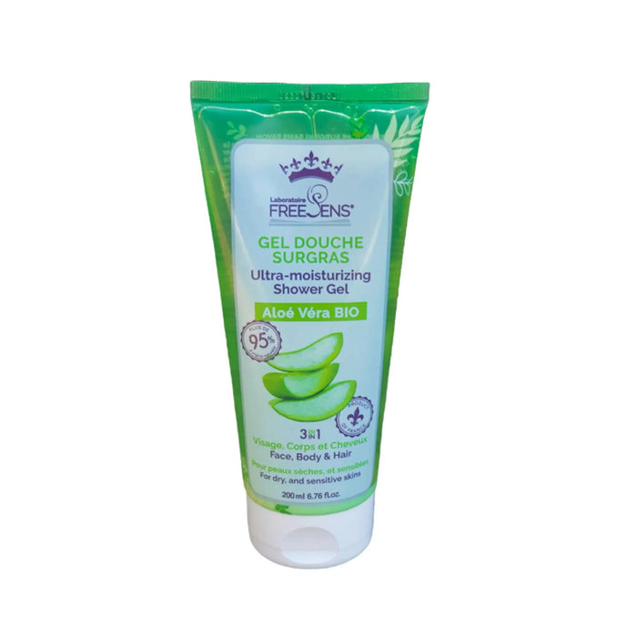 Gel de duș Laboratoire Freesens Freesens Organic Aloe Vera, hidratant, pentru față, corp și păr, piele uscată și sensibilă, 200 ml