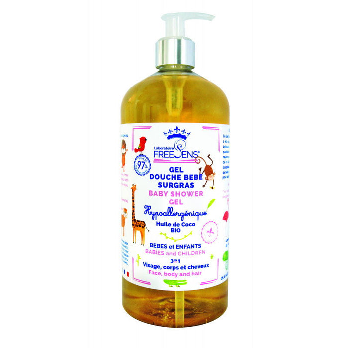 Gel de duș și șampon 2 în 1 Laboratoire Freesens Freesens, hipoalergenic, pentru bebeluși și copii, cu ulei de cocos, 1000 ml