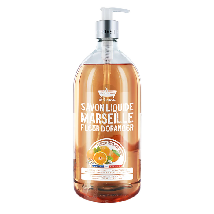 Săpun lichid Les Petites Bains de Provence Marseille, floare de portocal, pentru mâini și corp, 1000 ml