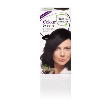 Vopsea de păr Hairwonder Colour & Care 1 Black, cutie 40ml+60ml, ambalaj alb și mov