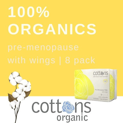 Cottons Premenopause Monthly Pads, cu aripi, galben, 8 buc