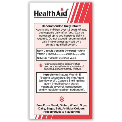 Vitamina E HealthAid, 400iu, 30 Capsule, vegan