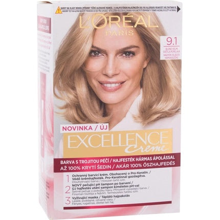 Vopsea de păr permanentă, L'Oréal Paris, Excellence Creme, blond 9.1