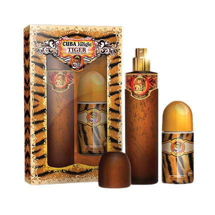 Set Parfum Cuba Originals Jungle Tiger, 100ml + Deodorant Roll-On 50ml, Culoare maro cu imprimeu tigru