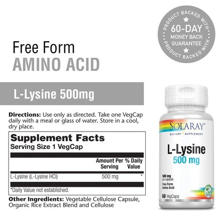 Aminoacid Solaray L-Lysine 500mg, 60 capsule vegetale, galben